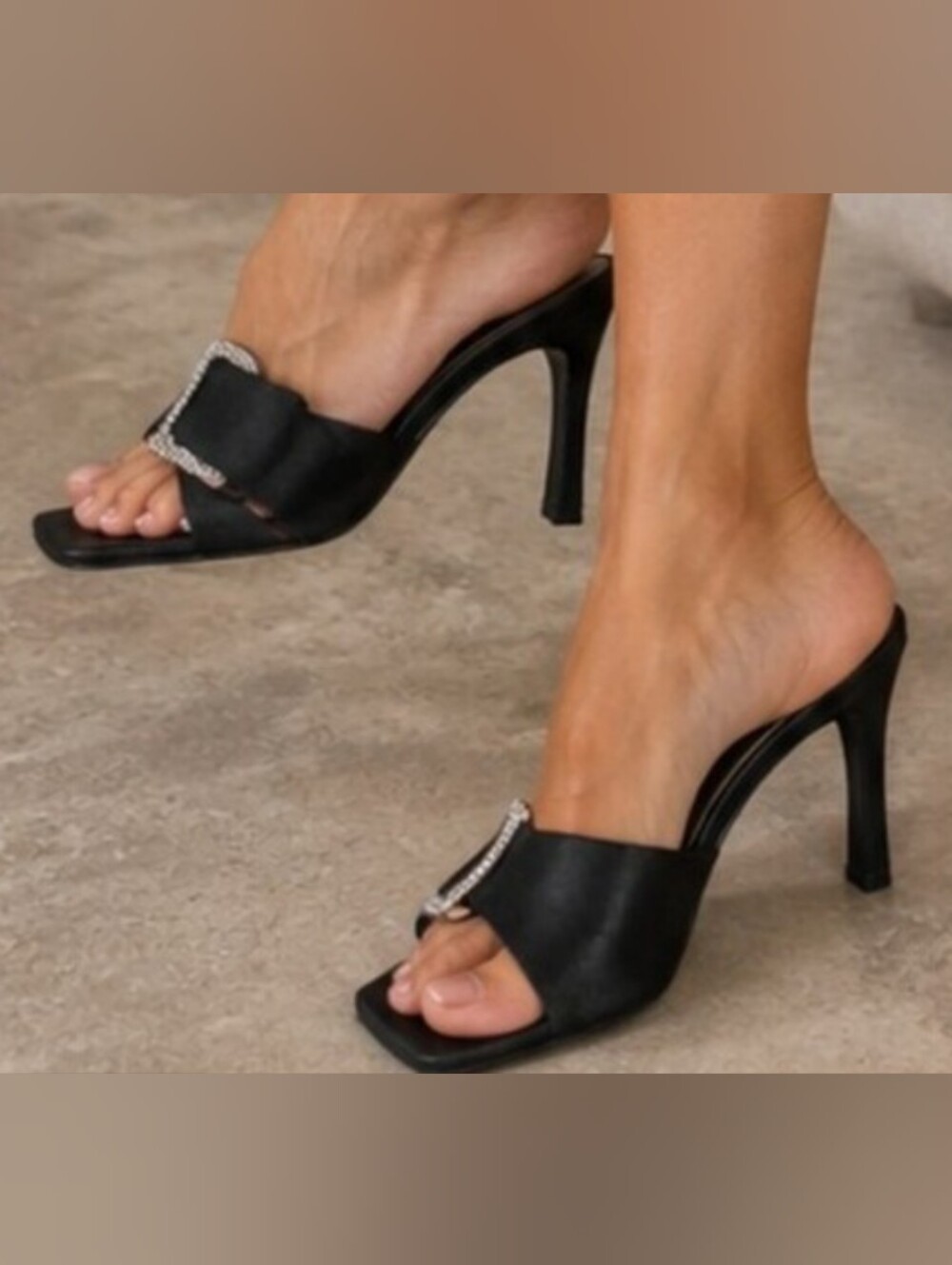 Jennifer Moore Black Satin High Heel Mule with Rhinestone Buckle